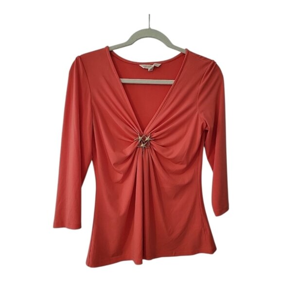 Boston Proper Top Womens M Orange Knit Blouse Star Fish Brooch V-Neck 3/4 Sleeve - Picture 1 of 8